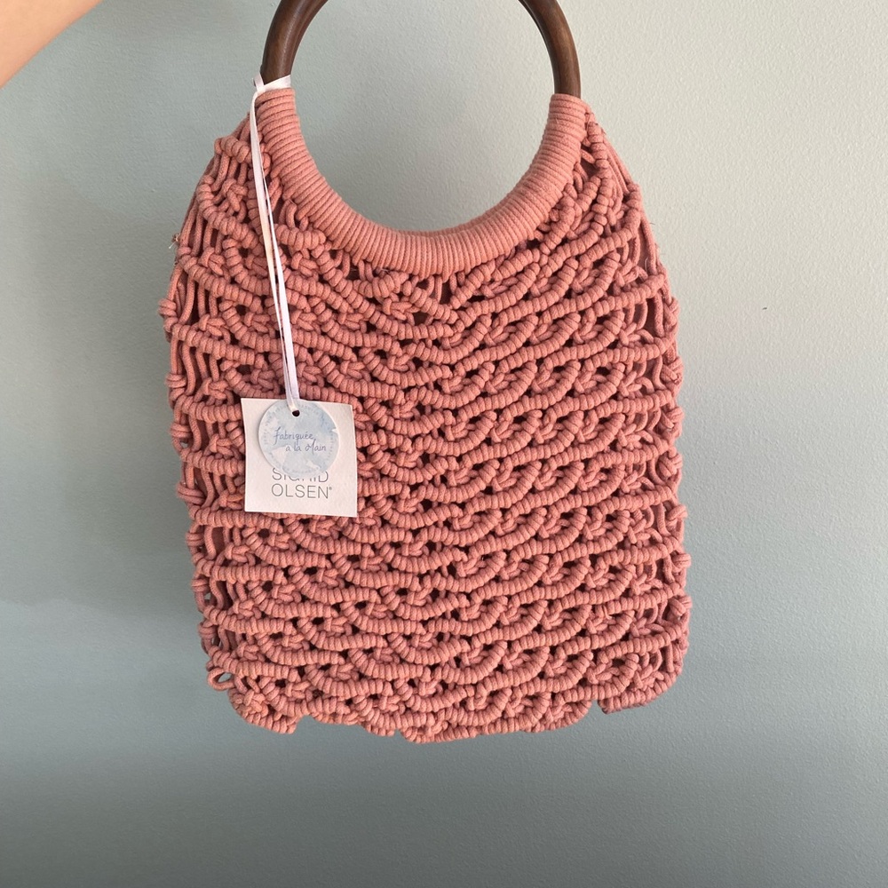 Sigrid Olsen Pink Wooden Handle Handbag Macrame Handbag Boho Purse New With Tags